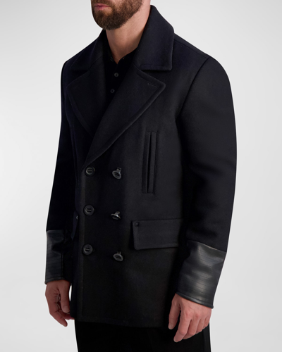 Shop Karl Lagerfeld Men's Wool Peacoat With Faux Leather Trim In Black
