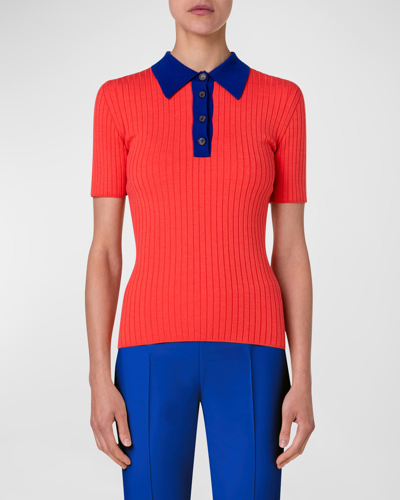 Shop Akris Silk Cotton Ribbed Knit Polo Top In Cadmium-ink