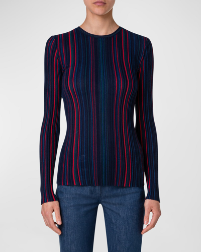 Shop Akris Small Irregular Stripe Fitted Wool Pullover In Ink-navy-cadmium