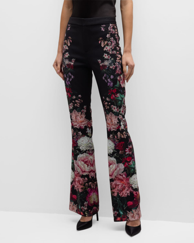 Shop Alice And Olivia Olivia High-rise Floral-print Satin Bootcut Pants In After Midnight