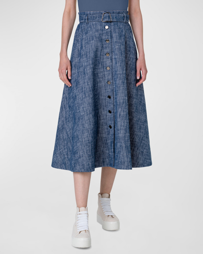 Shop Akris Belted Button-front A-line Midi Skirt In Denim