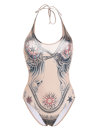 Shop Jean Paul Gaultier Tattoo Print Swimsuit In Beige