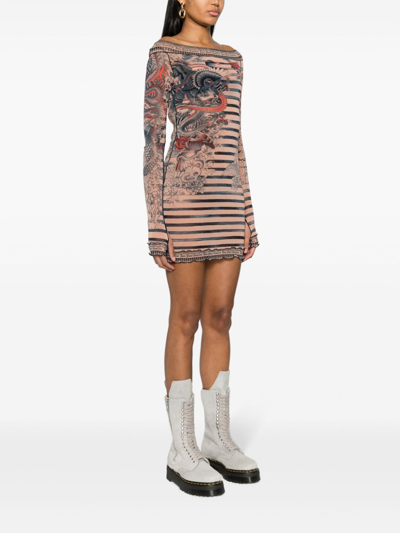 Shop Jean Paul Gaultier Tattoo Print Short Dress In Beige