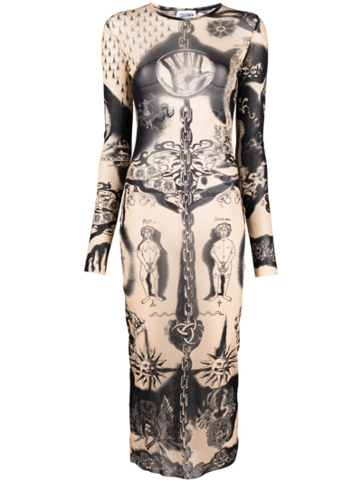 Shop Jean Paul Gaultier Tattoo Print Long Dress In Beige