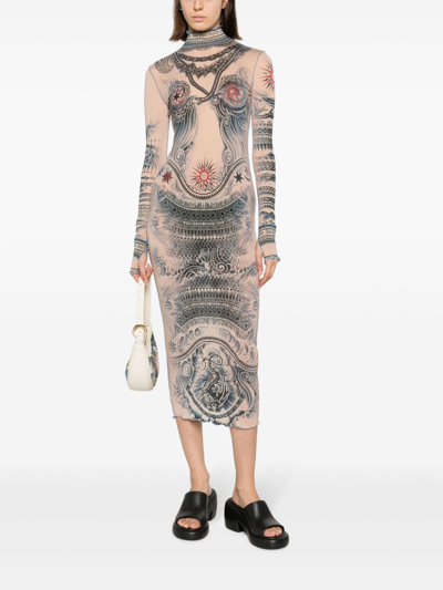 Shop Jean Paul Gaultier Trompe L'oeil Tattoo Print Long Dress In Beige