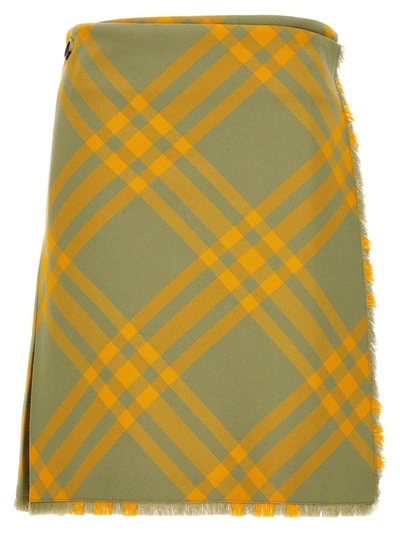 Burberry Fringed Pleated Checked Woven Mini Wrap Skirt In Yellow