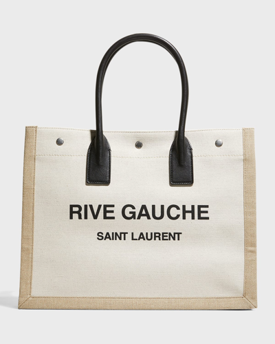 Shop Saint Laurent Rive Gauche Small Tote Bag In Canvas In Black/natural