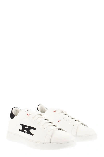 Shop Kiton Leather Sneakers With Logo In White/black