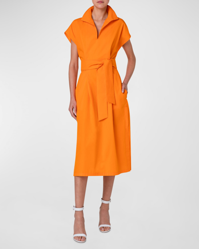 Shop Akris Cap-sleeve Waist-sash Cotton Silk Midi Shirtdress In Pumpkin