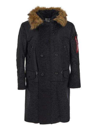 Shop Junya Watanabe Double Breasted Hooded Coat In Black