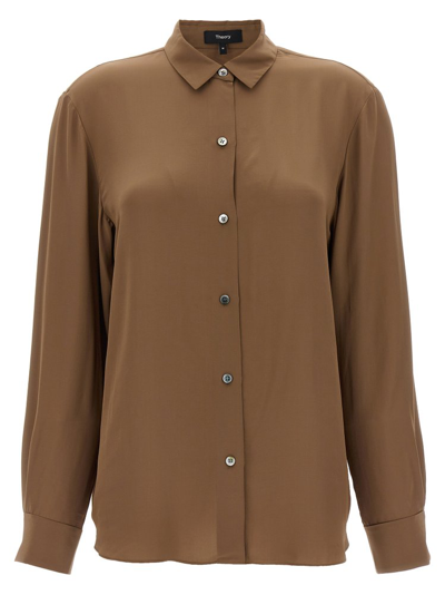 Shop Theory Long Sleeved Buttoned Shirt In Brown