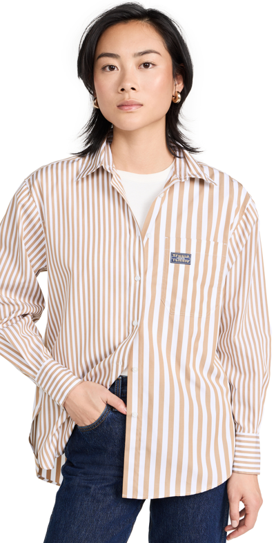 Shop Lacoste X Bandier Cotton Striped Regular Fit Button Down Shirt Beige/white