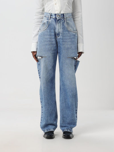 Maison Margiela Light Blue Denim Distressed Straight Leg Jeans With Cut-out In Denim