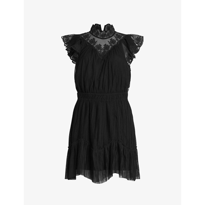 Shop Allsaints Womens Black Azura Lace-trim Pleated Recycled-polyester Mini Dress
