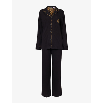 Shop Lauren Ralph Lauren Women's Black Logo-embroidered Contrast-trim Cotton-blend Pyjamas
