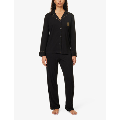 Shop Lauren Ralph Lauren Women's Black Logo-embroidered Contrast-trim Cotton-blend Pyjamas