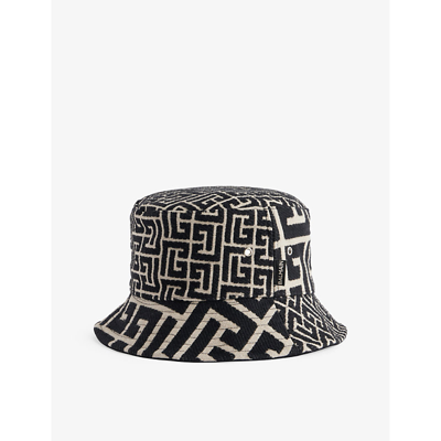 Shop Balmain Women's Black Gray Monogram-pattern Wide-brim Cotton-blend Bucket Hat