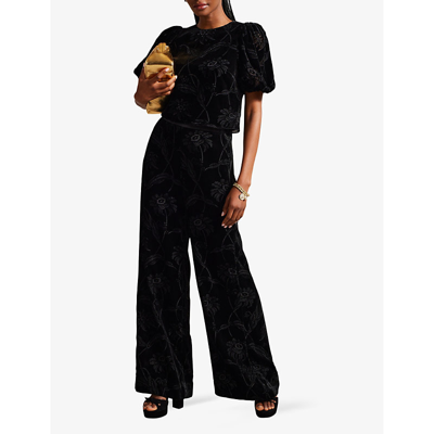 Shop Ted Baker Women's Black Bettiaa Puff-sleeve Patterned Velvet Top