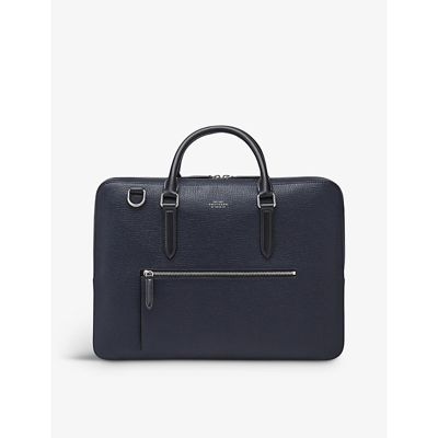 Shop Smythson Navy Ludlow Logo-embossed Leather Briefcase