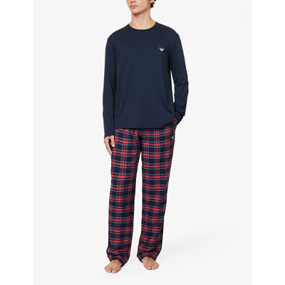 Shop Emporio Armani Mens Scozzese Marine/ross Brand-embroidered Cotton Pyjama Set