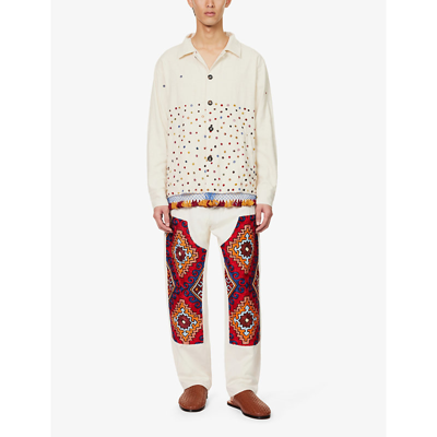 Shop Karu Research Mens Ecru Multicolor Hand-embroidered Fringed Regular-fit Cotton Jacket