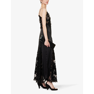 Shop Rodarte Women's Black Lace-panel Sequin-embellished Satin Maxi Dress