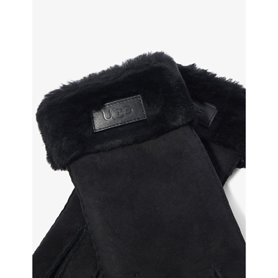 Shop Ugg Women's Black Logo-patch Suede And Shearling Gloves