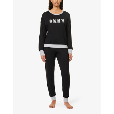 Shop Dkny Women's Black Branded Long-sleeved Cotton-blend Pyjamas