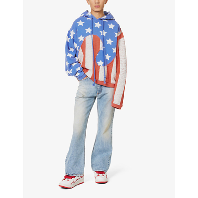 Shop Erl Mens Blue Stars And Stripes Swirl Graphic-print Oversized-fit Cotton-jersey Hoody
