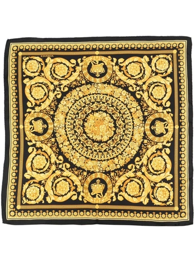 Shop Versace Scarf With All-over Barocco-print In Black And Yellow Silk Woman