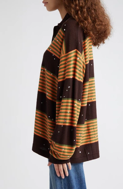 Shop Bode Crystal Embellished Stripe Merino Wool Polo Sweater In Brown Multi
