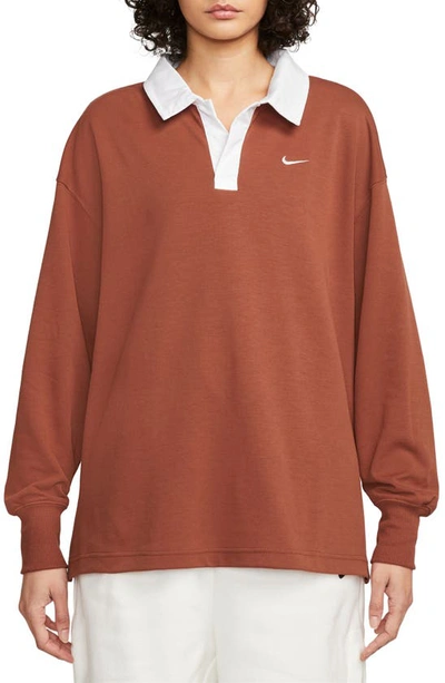 Shop Nike Sportswear Essentials Oversize Long Sleeve Polo In Rugged Orange/ White