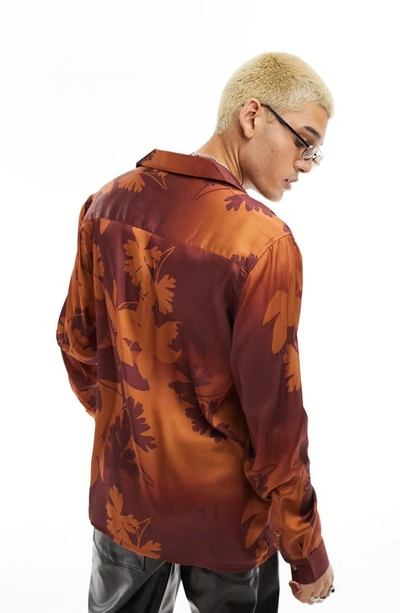 Shop Asos Design Relaxed Fit Floral Satin Bowling Shirt In Orange