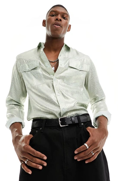 Shop Asos Design Leopard Jacquard Western Button-up Shirt In Light Green