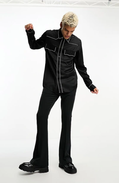 Shop Asos Design Regular Fit Western Piping Detail Button-up Shirt In Black