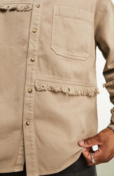 Shop Asos Design '90s Fringe Oversize Denim Button-up Shirt In Stone