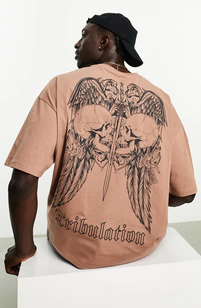 Shop Asos Design Angel Oversize Graphic T-shirt In Brown