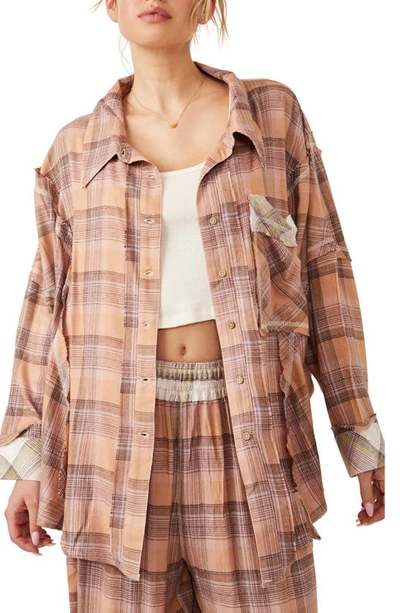 Shop Free People Fallin' For Flannel Oversize Pajama Shirt In Tan Combo
