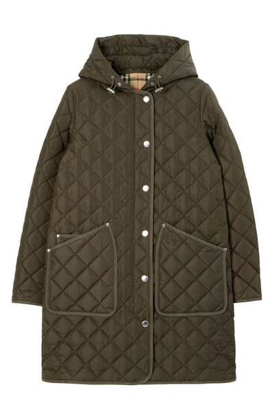 Shop Burberry Roxby Quilted Hooded Long Jacket In Dark Military Khaki