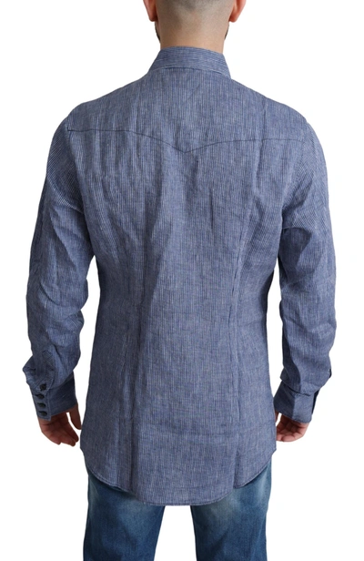 Shop Dolce & Gabbana Elegant Striped Linen Button-down Men's Shirt In Blue