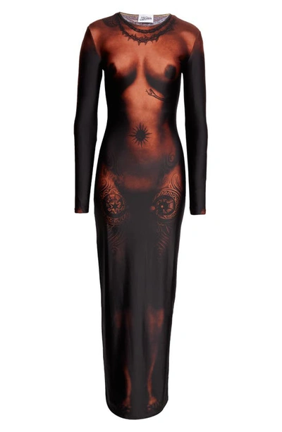 Shop Jean Paul Gaultier Long Sleeve Maxi Dress In Dark Nude