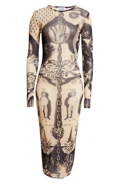 Shop Jean Paul Gaultier Tattoo Print Long Sleeve Midi Dress In Nude/ Navy