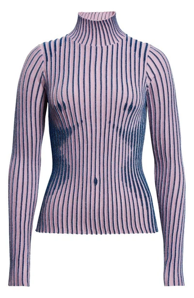 Shop Jean Paul Gaultier Body Morph Metallic Trompe L'oeil Merino Wool Blend Rib Turtleneck Sweater In Pink/ Blue