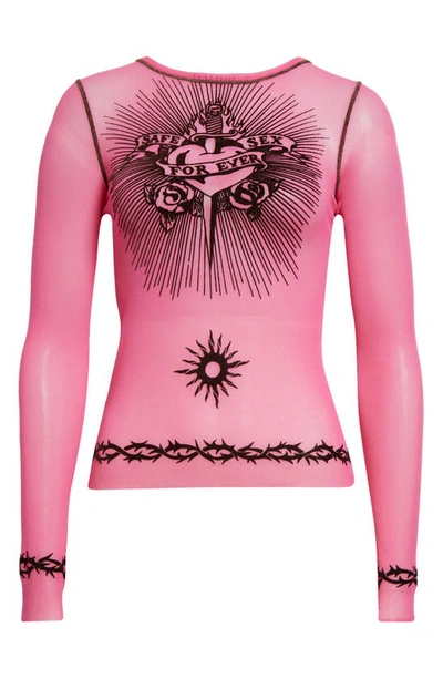 Shop Jean Paul Gaultier Tattoo Print Semisheer Tulle Top In Shocking Pink