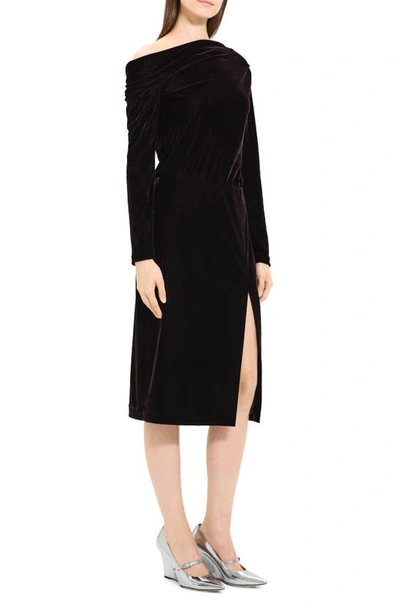 Shop Theory Off The Shoulder Long Sleeve Stretch Velvet Dress In Mink