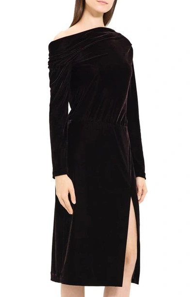 Shop Theory Off The Shoulder Long Sleeve Stretch Velvet Dress In Mink