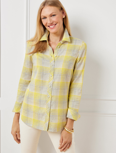 Talbots Petite - Cotton Button Front Shirt - Ornament Plaid Metallic - Yellow/grey - Large  In Yellow,grey