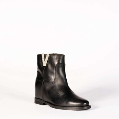 Shop Via Roma 15 Ankle Boot With Height In Black Leather And V Rhinestones