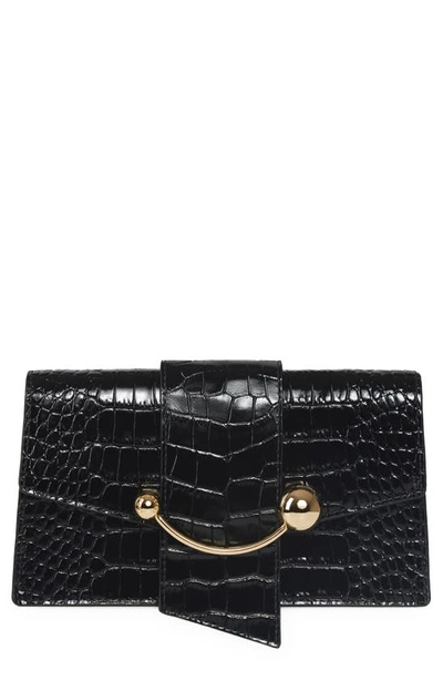 Shop Strathberry Crescent Croc Embossed Leather Wallet On A Chain In Black