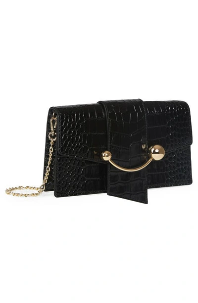 Shop Strathberry Crescent Croc Embossed Leather Wallet On A Chain In Black